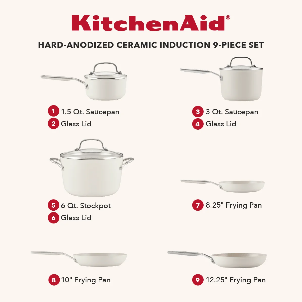 Meyer KitchenAid Hard Anodized Ceramic Induction Nonstick 9 Piece Cookware Set Porcelain White - Image 2