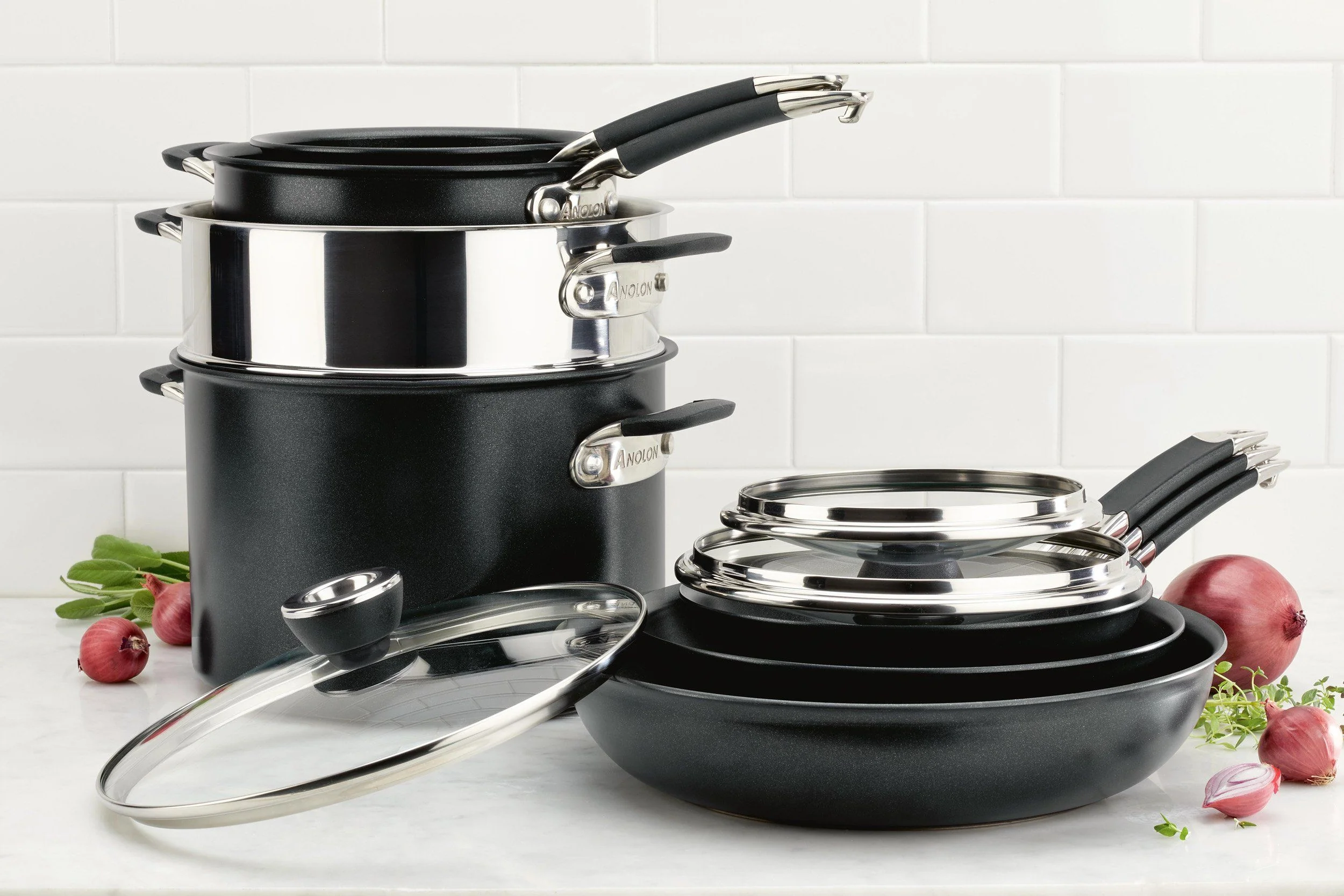 Meyer 10pc Anolon SmartStack Hard Anodized Nesting Cookware Set - Image 4