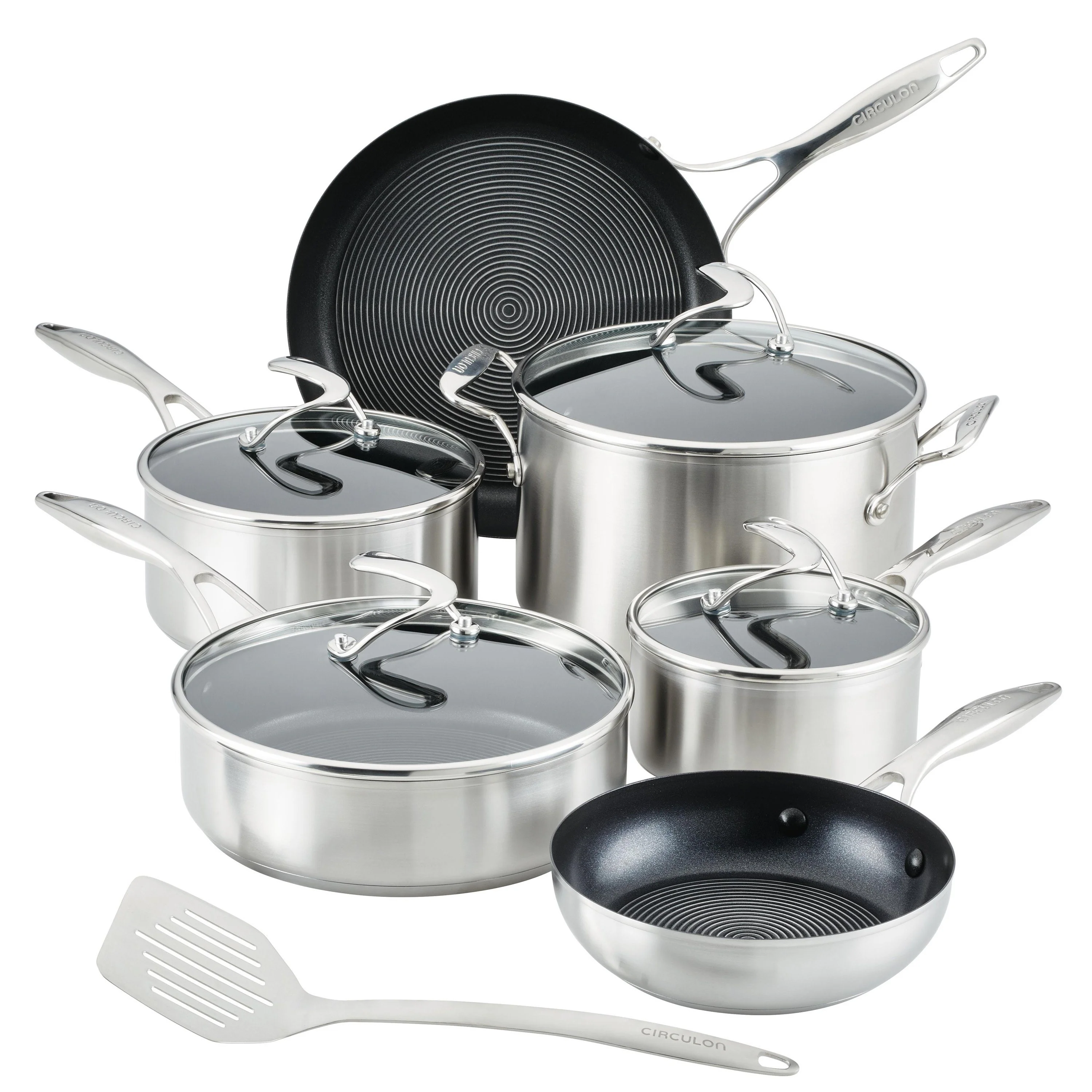 Meyer Circulon SteelShield S-Series Stainless Steel Nonstick Pots and Pans Cookware Set with Bonus Utensil, 10-Piece, Silver