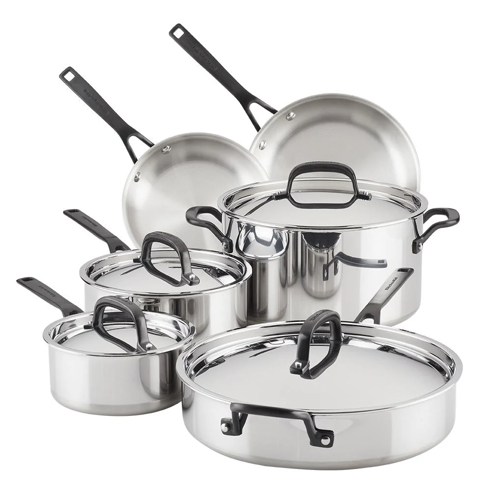 Meyer KitchenAid 5-Ply Clad Stainless Steel Cookware Set, 10-Piece, Polished Stainless Steel