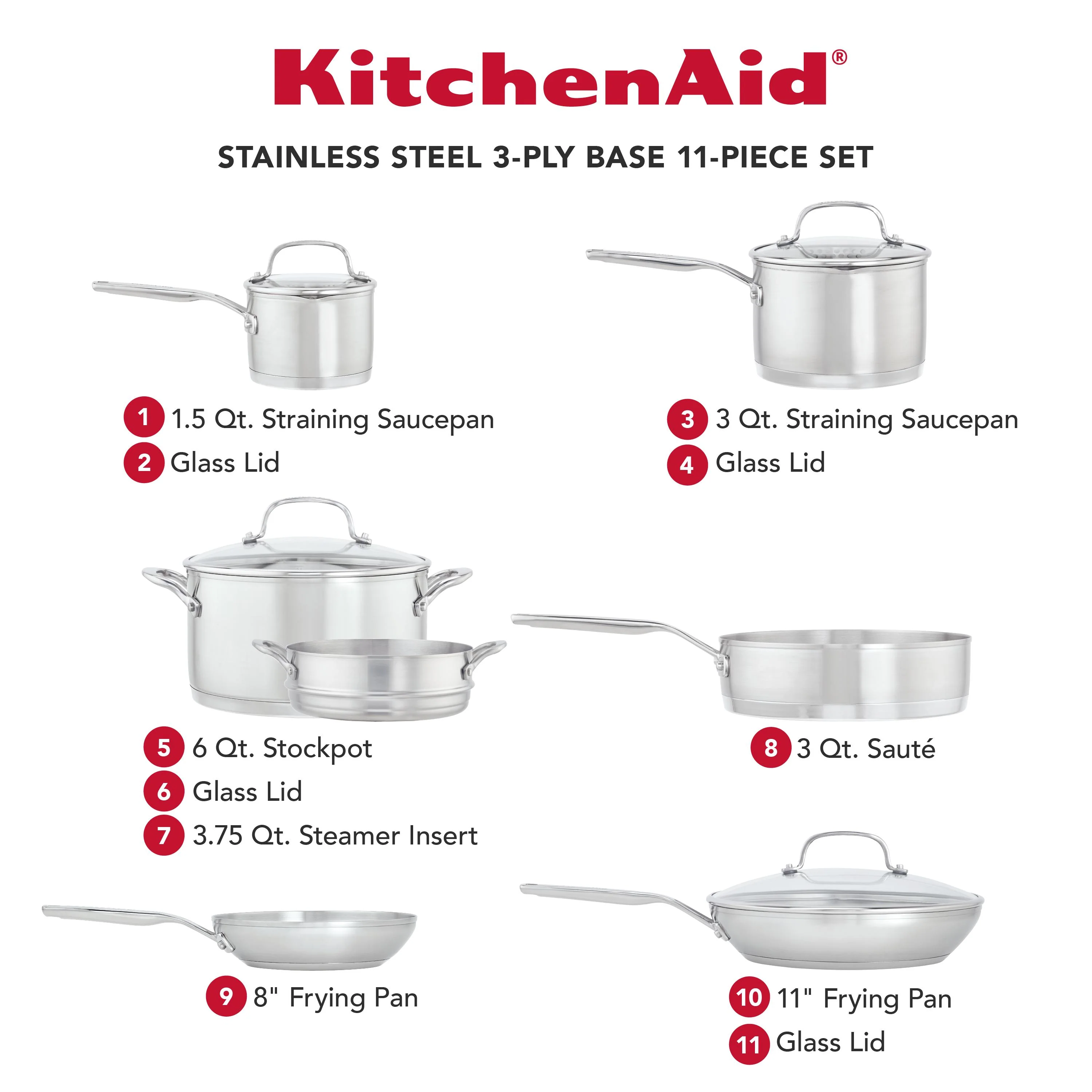 Meyer KitchenAid 3-Ply Base Stainless Steel Cookware Set, 11-Piece, Brushed Stainless Steel - Image 2
