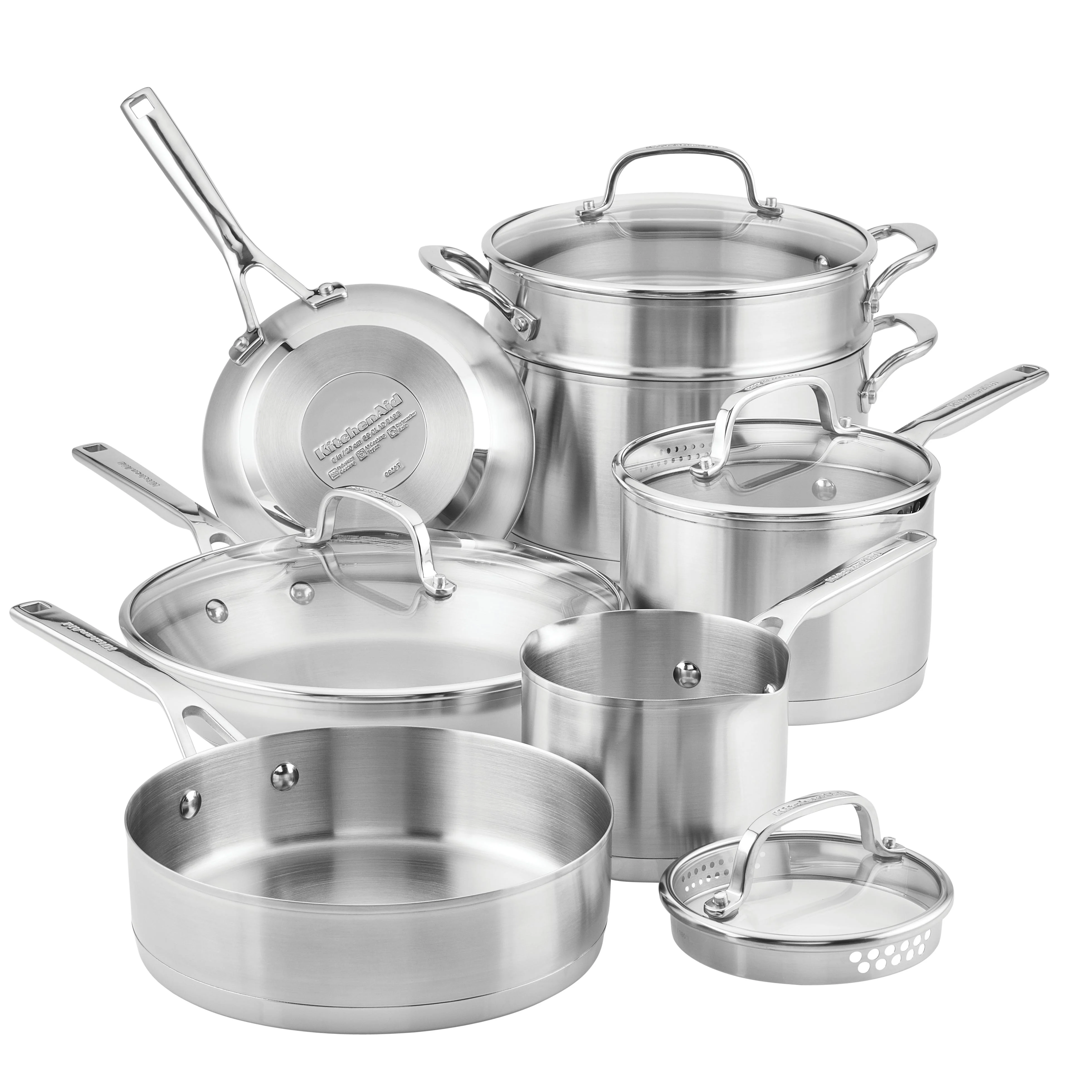 Meyer KitchenAid 3-Ply Base Stainless Steel Cookware Set, 11-Piece, Brushed Stainless Steel