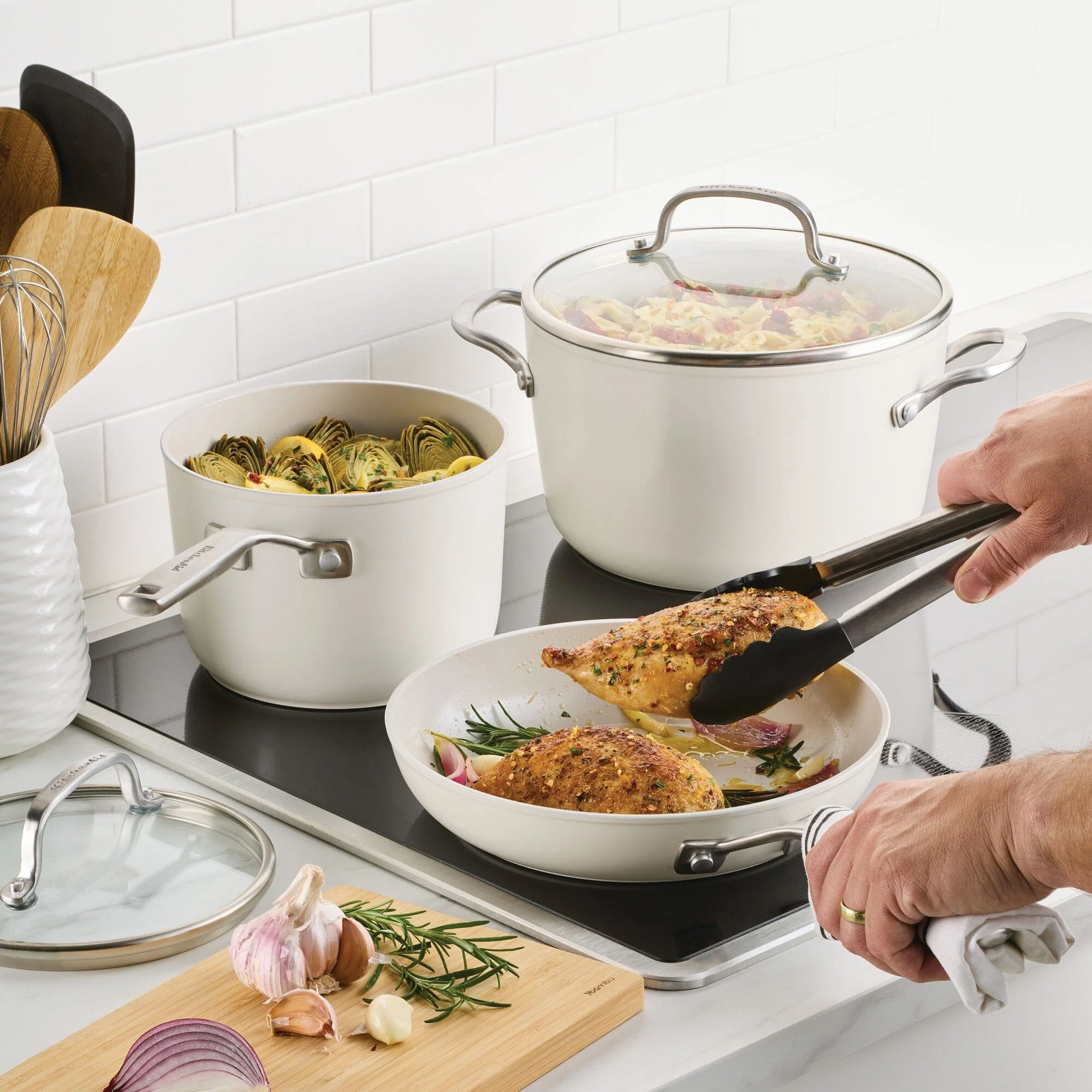 Meyer KitchenAid Hard Anodized Ceramic Induction Nonstick 9 Piece Cookware Set Porcelain White - Image 6