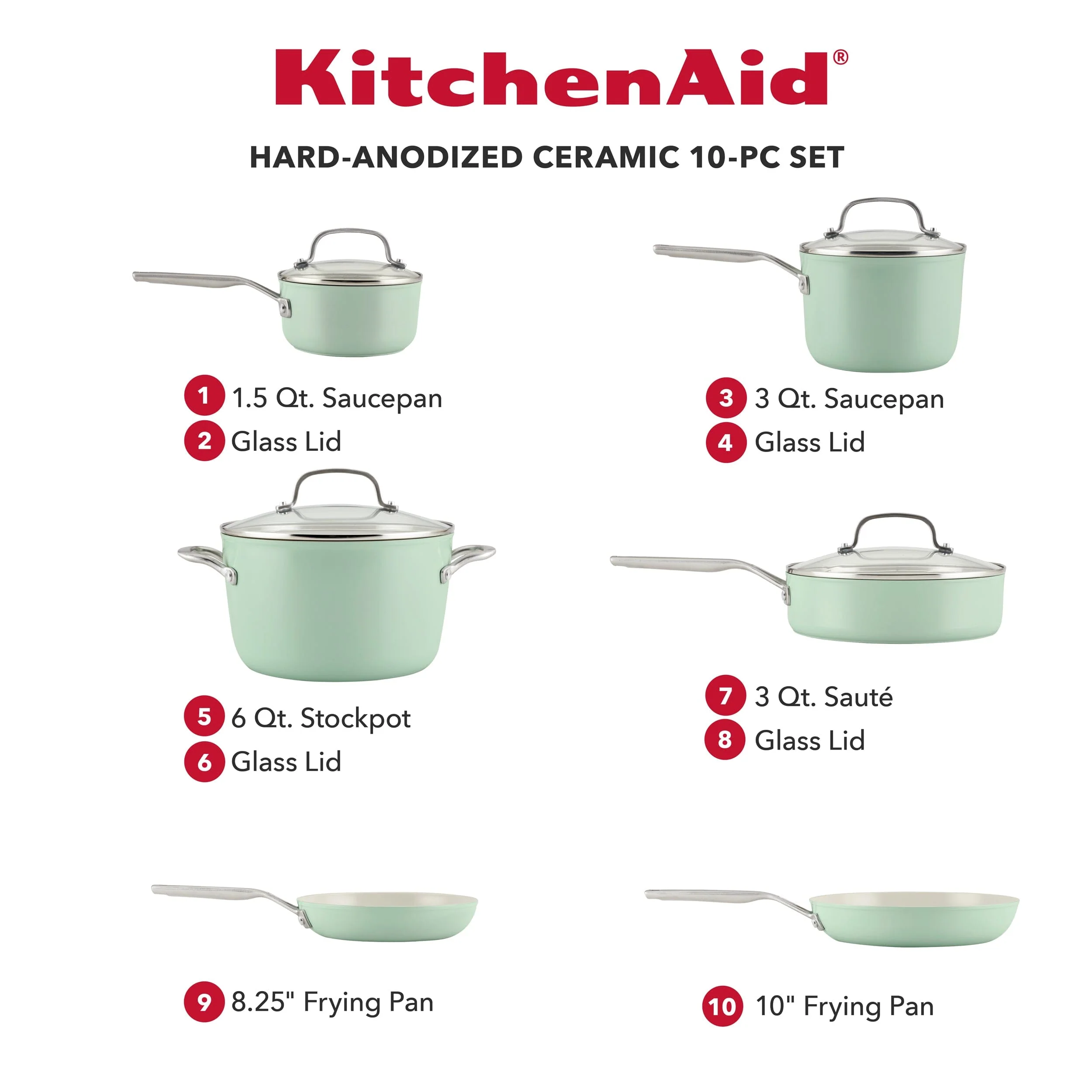 Meyer KitchenAid 10pc Hard Anodized Ceramic Cookware Set - Pistachio - Image 2