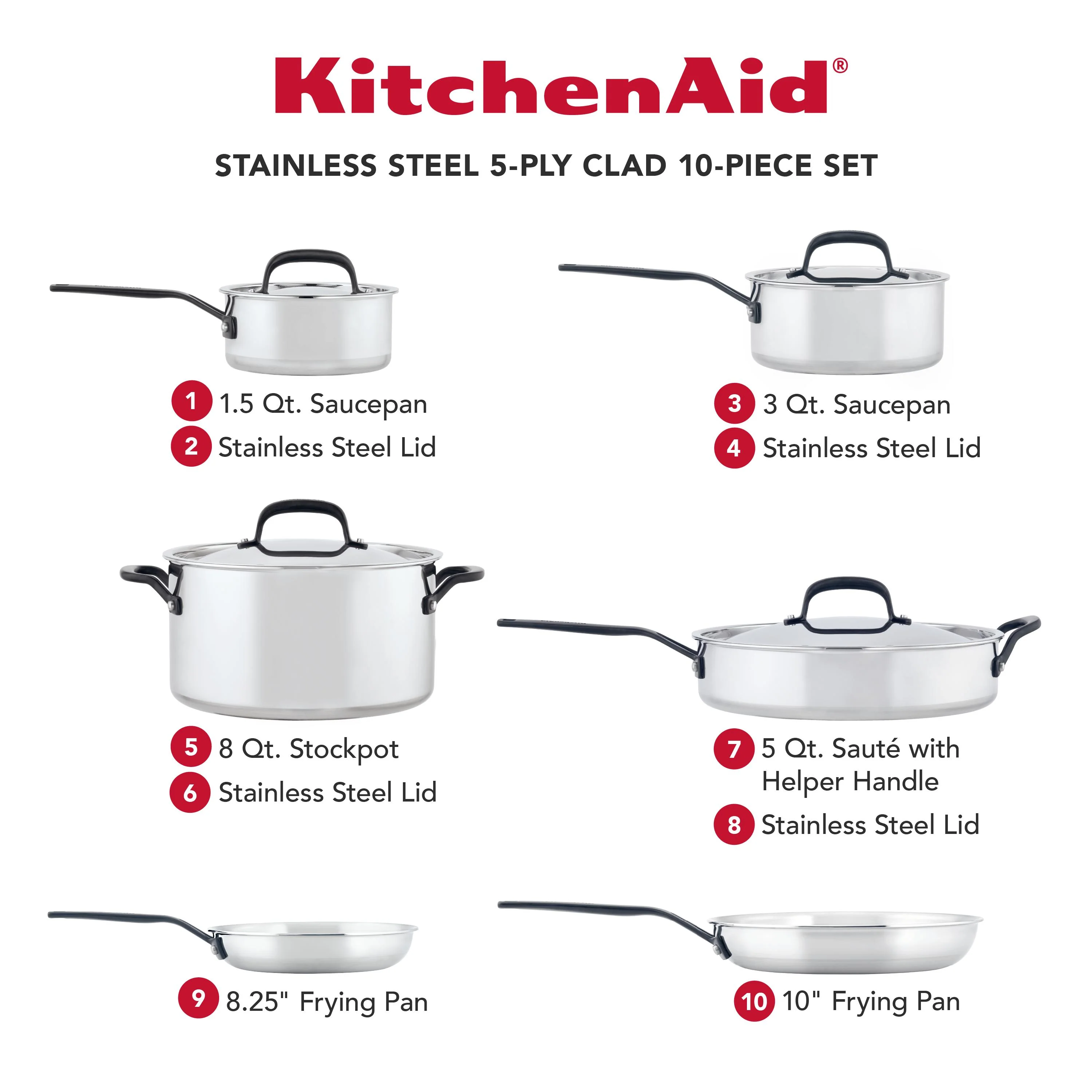 Meyer KitchenAid 5-Ply Clad Stainless Steel Cookware Set, 10-Piece, Polished Stainless Steel - Image 2